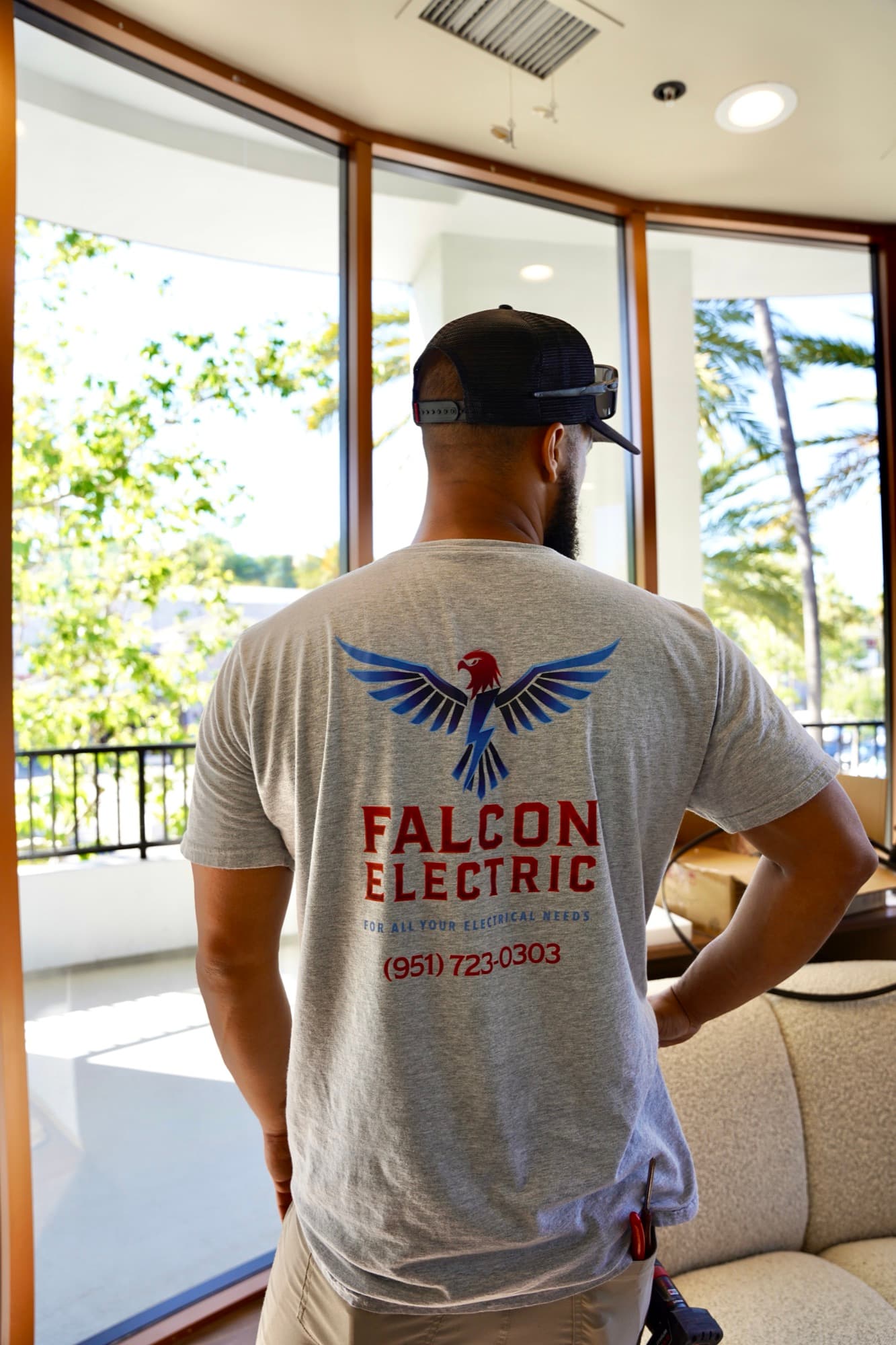 Ean Orchard in Falcon Electric shirt, on-site at the Orange County salon project